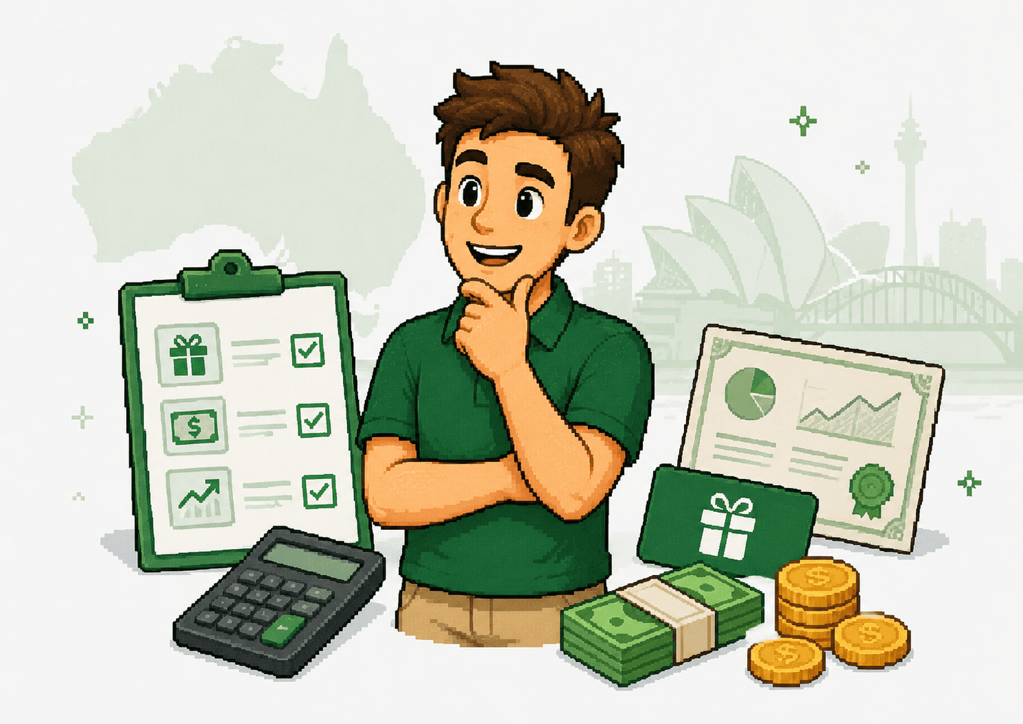 A person considering the Australian tax treatment of cash, gift cards and investment referral rewards