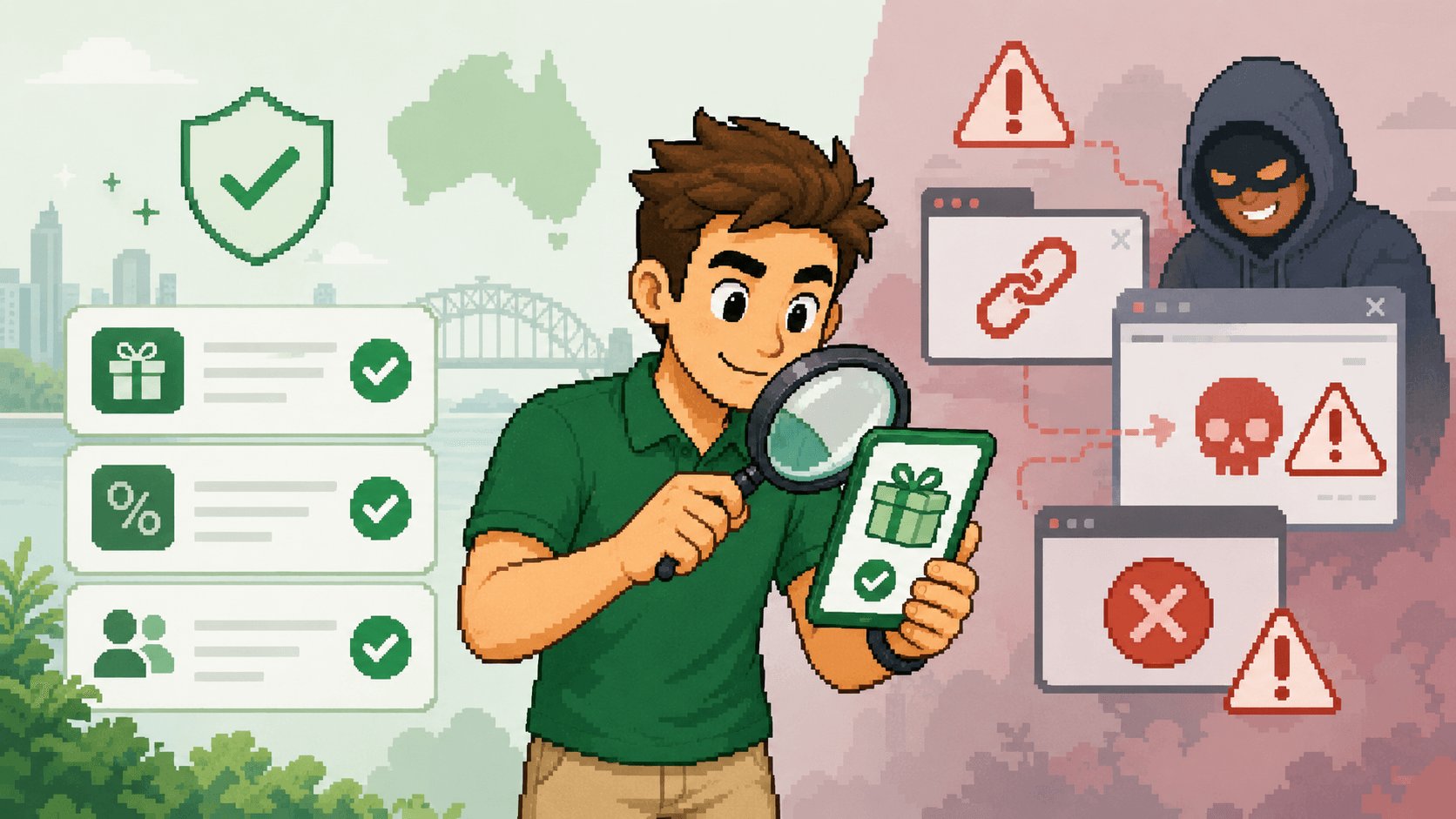An Australian checking a referral offer while distinguishing verified rewards from dangerous links