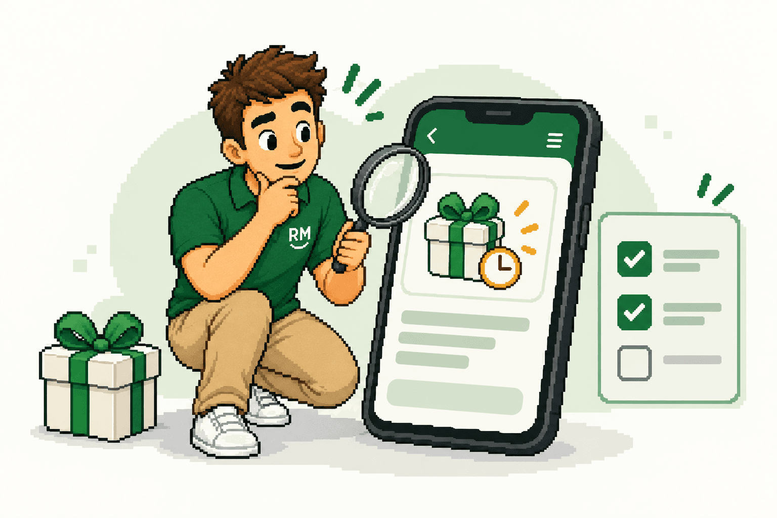 Mate investigating a pending referral reward on a phone beside a checklist