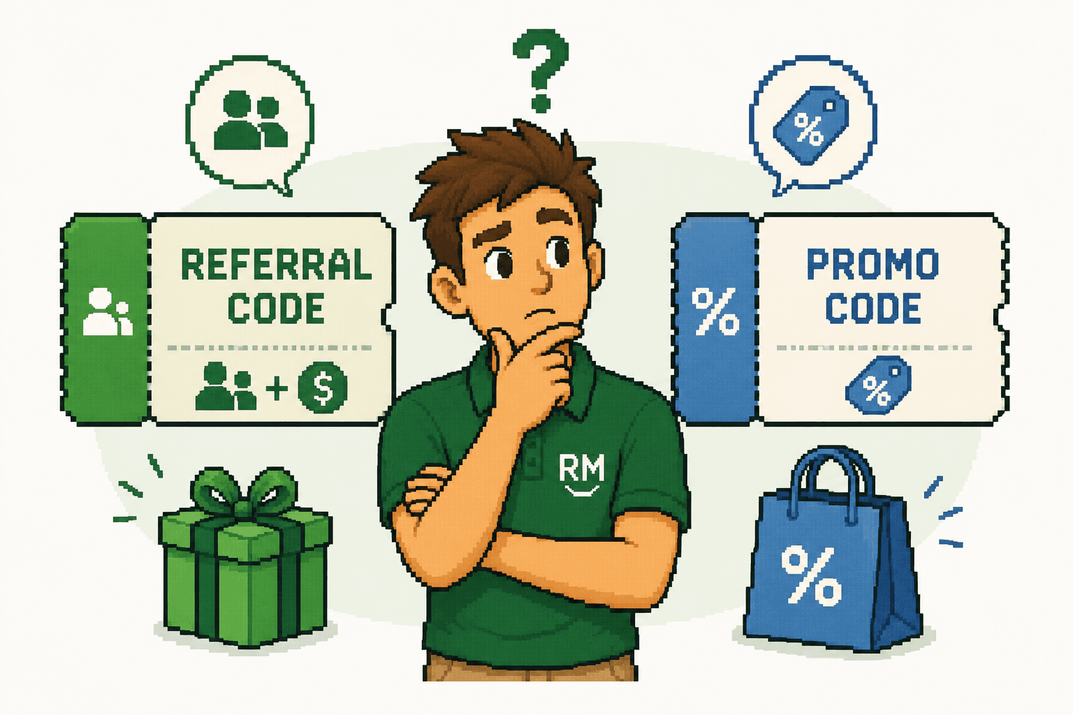 A person comparing a referral code with a promo code